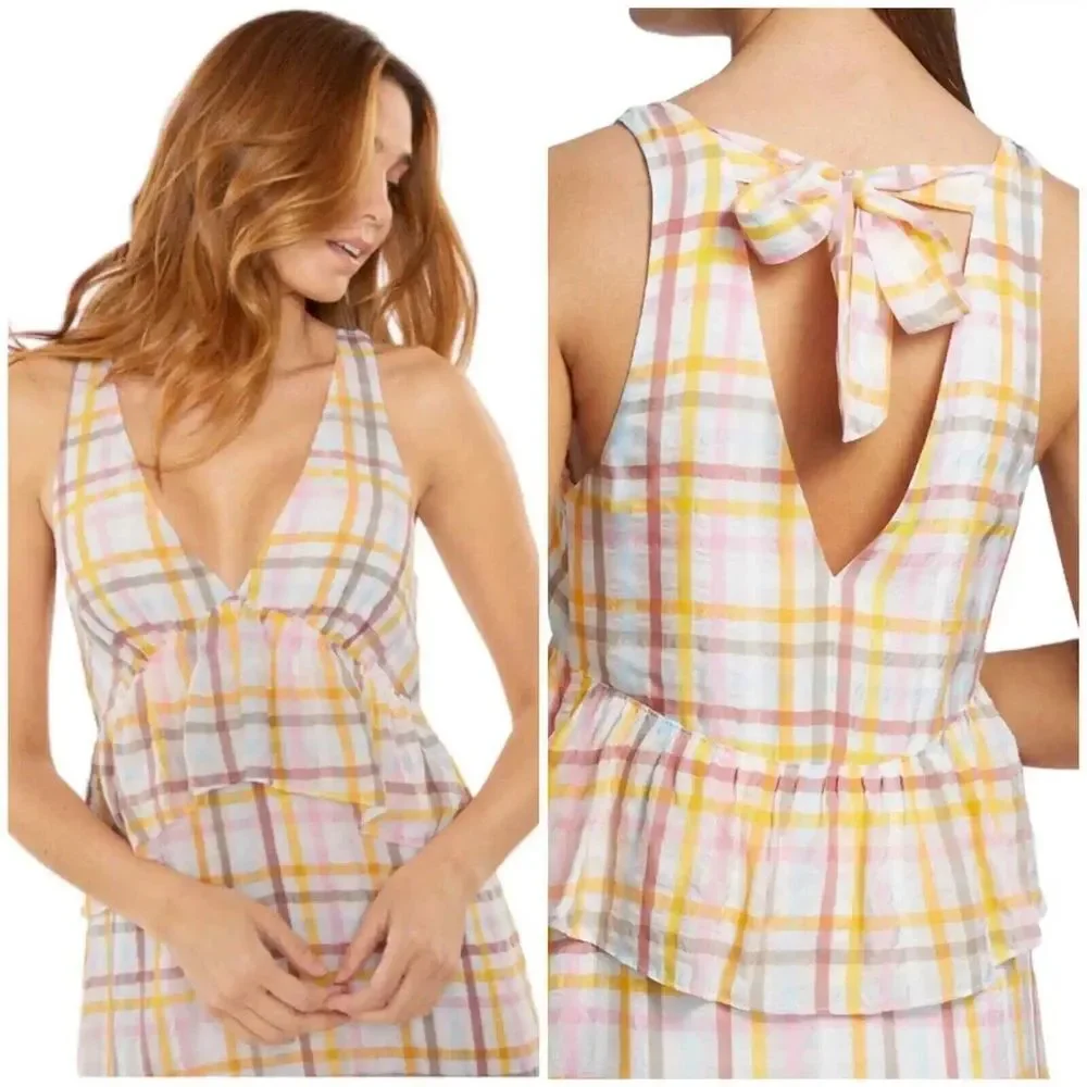 Cinq A Sept Astor Dress Pink Cream Yellow Plaid Ruffle Tiered NWT Sz 8 New - Picture 1 of 15